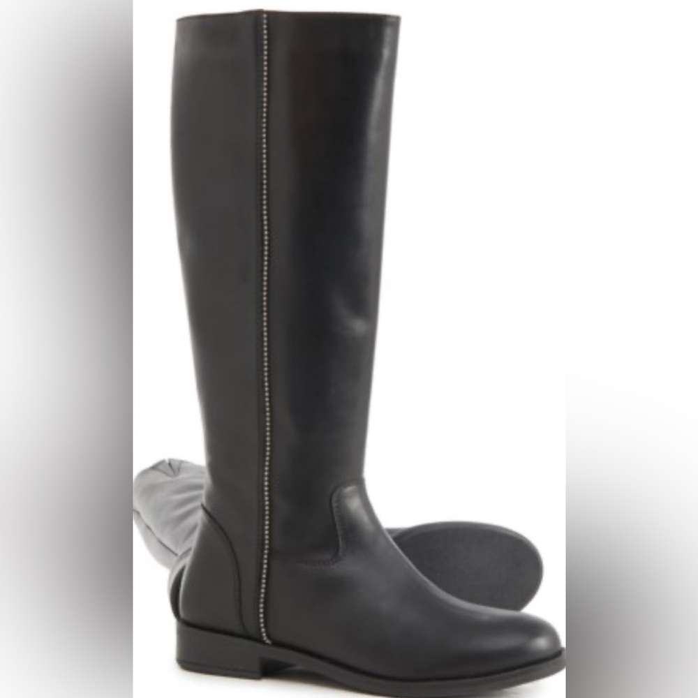 Tall black smooth leather boots w/studded trim.
